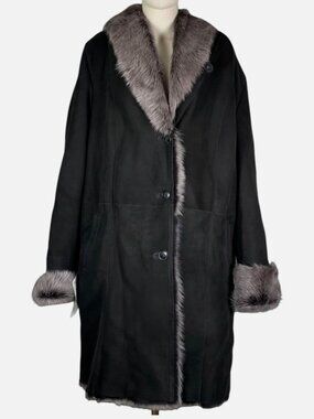Wolfie Women's Black Suede Toscana Shearling Hooded Parka Jacket Size 16